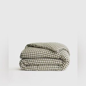 NWOT Quince European Linen Duvet Cover King/Cal King Olive Green White gingham